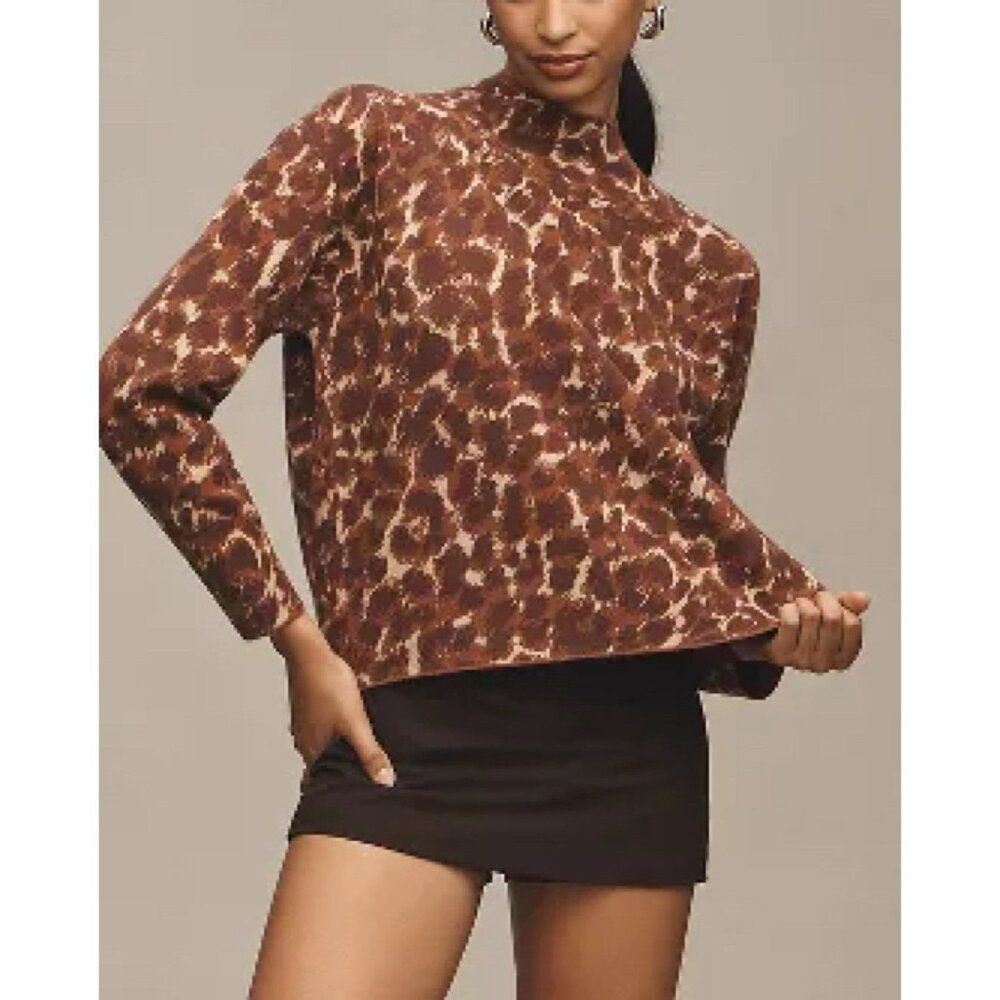 Anthropologie Maeve CARYS Mock Neck Sweater Womens XS Taupe Animal Leapard Print